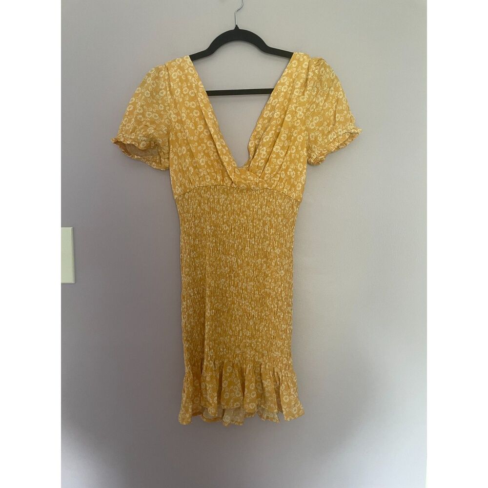 Urban Outfitters x Lumiere Yellow Floral Smocked Mini Dress Puff Sleeve NWT